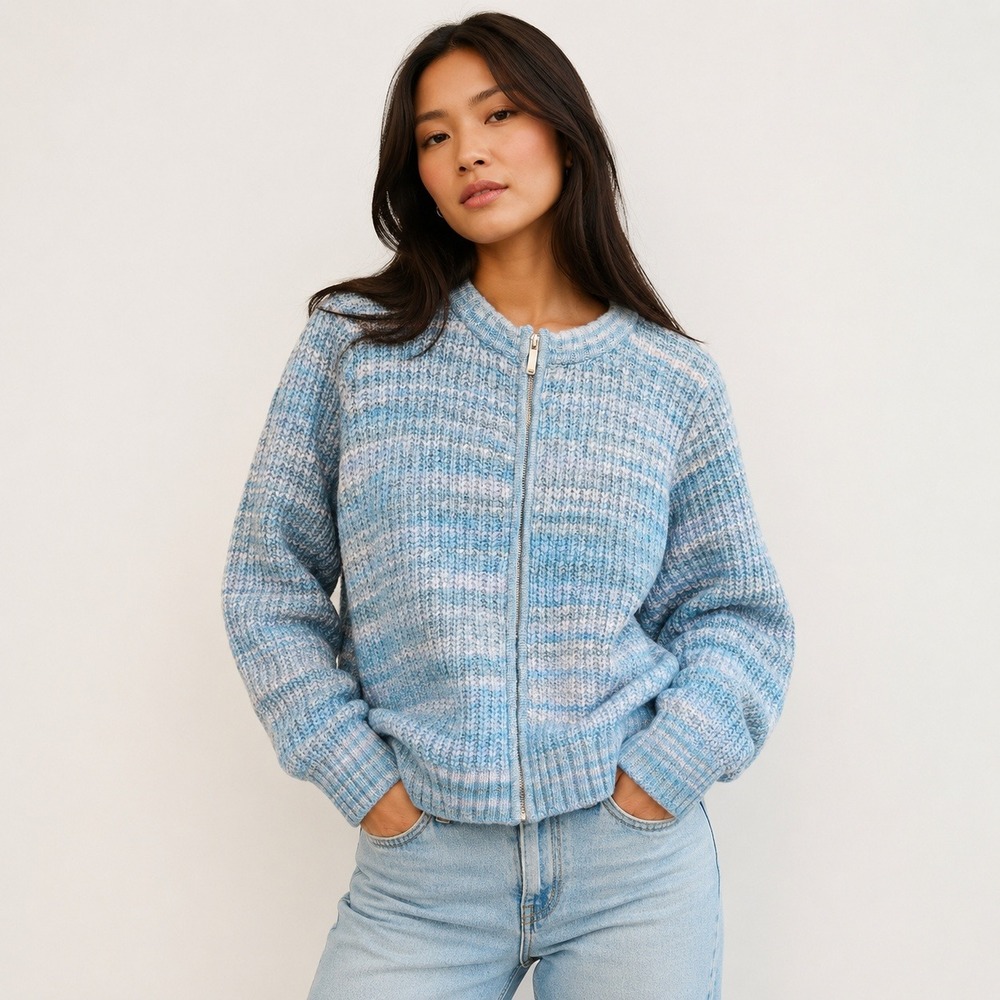 Talbots Shaker Stitch Sweater Size Large Blue White Space Dye Knit Wool Blend